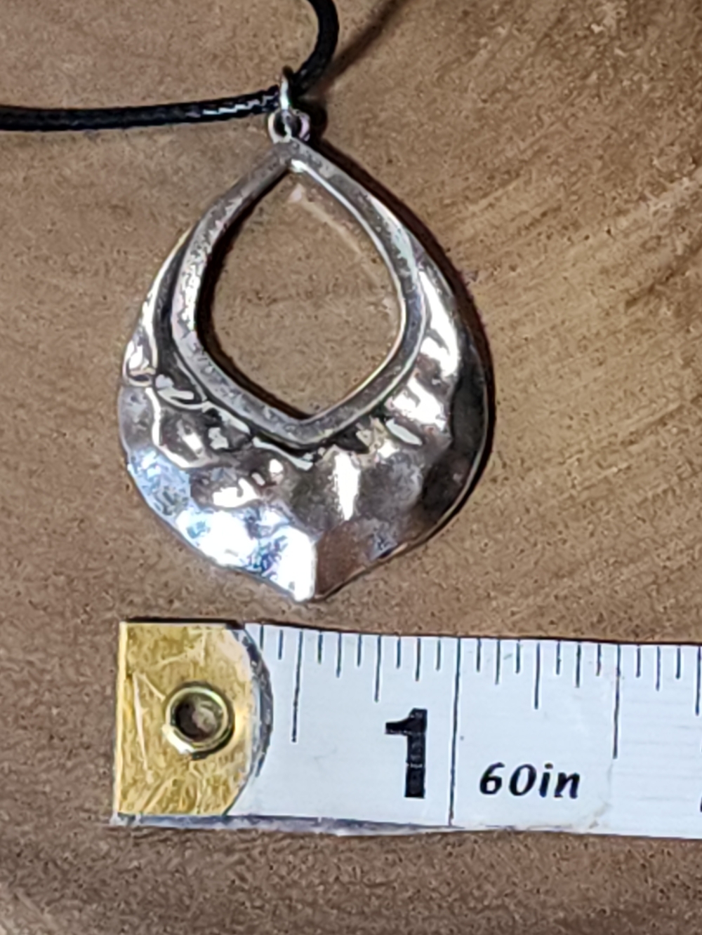 Silver Toned Teardrop Pendant Necklace On A Black Nylon Cord - Picture 8 of 8